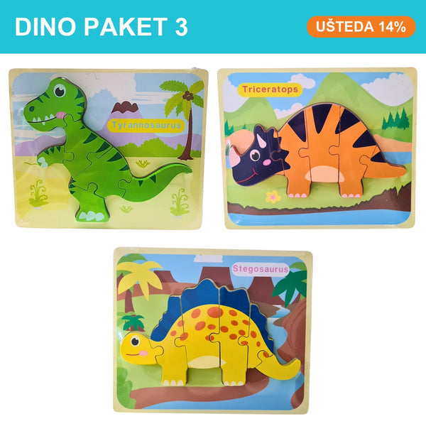 Dino paket 3 – drvene slagalice Tiranosaurus, Triceratops i Stegosaurus