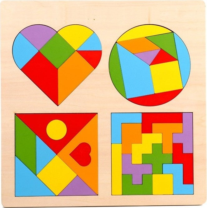 Drveni tangram 4 u 1 – srce, krug, kvadrat i tetris na jednoj ploči